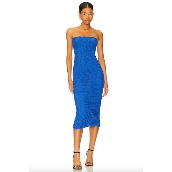NOOKIE Zen Bodycon Ruched Midi Dress Periwinkle Blue Purple Womens Size Medium - Picture 1 of 8